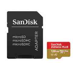 Slika izdelka: SDXC SANDISK MICRO 128GB EXTREME PLUS, 200/90MB/s, A2, UHS-I, V30, U3, C10, adapter